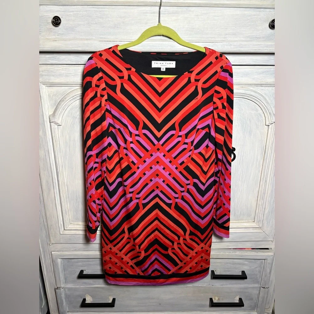 Trina Turk‎ Vibrant Geometric Printed Jersey Shift Dress Resort Vacation
